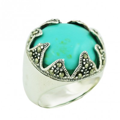 Marcasite Ring Cabochon Faux Turquoise with Marcasite Starfish