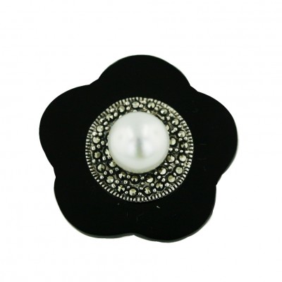Marcasite Ring 9mm White Fresh Water Pearl with Onyx Flat Flower