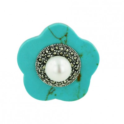 Marcasite Ring 9mm White Fresh Water Pearl with Faux Turquoise Flat Flower