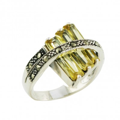 Marcasite Ring 3 Layer Rectangular Canary Yellow with Marcasite Bypass Lin