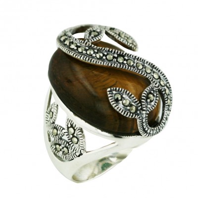 Marcasite Ring 19mm Oval Tiger Eye Cabochon with Marcasite Flower Stem