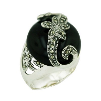 Marcasite Ring 21mm Round Onyx Cabochon with Marcasite "S" Flower