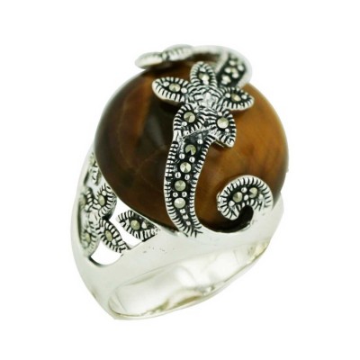 Marcasite Ring 21mm Round Tiger Eyes Cabochon with Marcasite "S" Fl