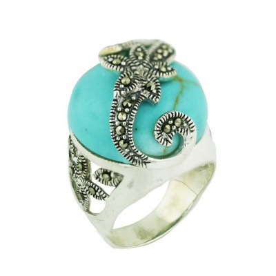 Marcasite Ring 21mm Round Faux Turquoise Cabochon with Marcasite "S" Flower