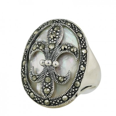 Marcasite Ring Oval 25X20mm Oval White Mother of Pearl with Marcasite F-D-L