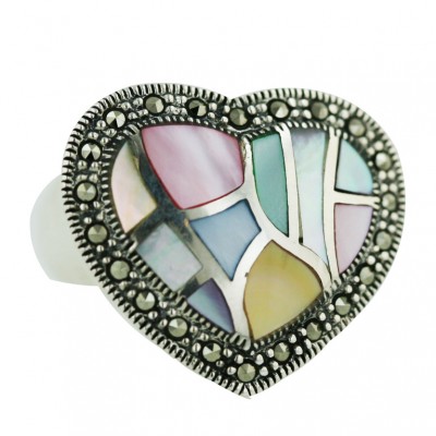 Marcasite Ring W=24 mm Pink+Black+M+Pl+Yellow+Green Heart