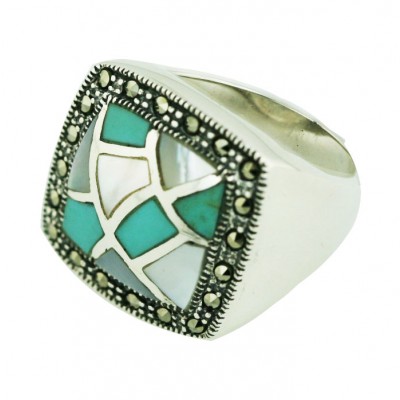 Marcasite Ring 16X16mm White Mother of Pearl+Faux Turquoise Cushion