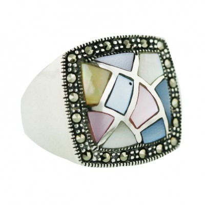 Marcasite Ring 16X16mm Mix Mother of Pearl+Black+Pink+Yellow+Pl Cushion