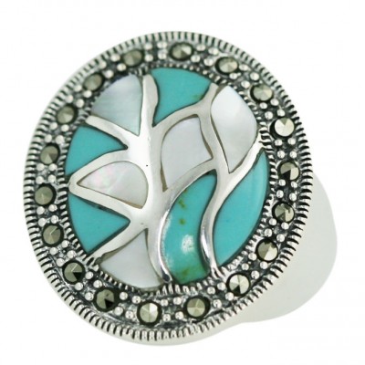 Marcasite Ring 27X24mm Oval White Mother of Pearl+Faux Turquoise Mix Shape