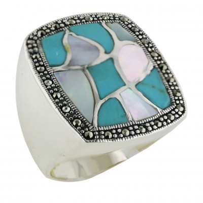 Marcasite Ring 24mmx24mm White Mother of Pearl+Faux Turquoise Cushion