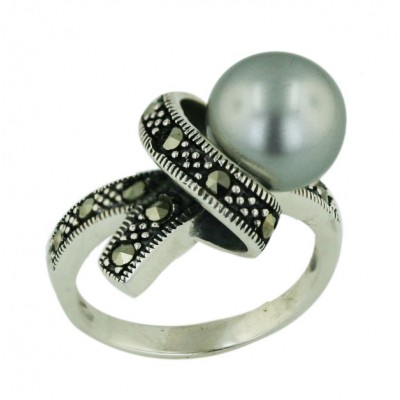 Marcasite Ring 10mm Gray Faux Pearl with Marcasite Knot