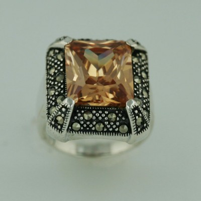 Marcasite Ring 21X19mm Champagne Cubic Zirconia Square with Oxidized Rope