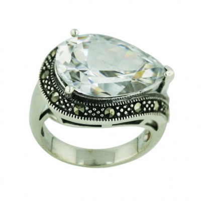 Marcasite Ring 21X17mm Clear Cubic Zirconia Tear Drop with Marcasite Around