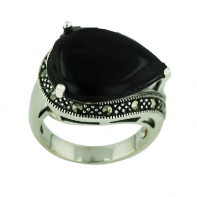 Marcasite Ring 21X17mm Onyx Tear Drop with Marcasite Around