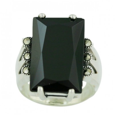Marcasite Ring 20X13mm Rectangular Bk Cubic Zirconia with 4 Prongs - 7