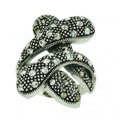 Marcasite Ring Criss Cross with Clear Cubic Zirconia