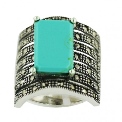 Marcasite Ring 16X9mm Rectangular Faux Turquoise with 4 Prongs