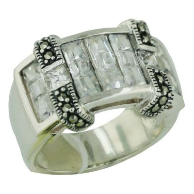 Marcasite Ring Clear Cubic Zirconia Row with Marcasite Buckle
