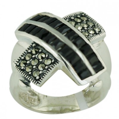 Marcasite Ring Double Row Black Cubic Zirconia Channel Set+Marcasite X