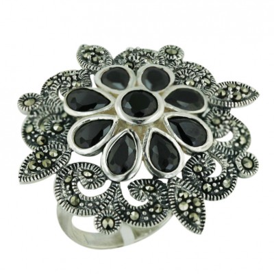 Marcasite Ring 8 Tear Drop+Ctr Black Cubic Zirconia+Marcasite Flower