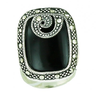 Marcasite Ring 26X18mm Cushion Onyx with Marcasite Swirl+Twisted Ro