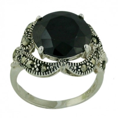 Marcasite Ring 13mm Black Cubic Zirconia Round with 4 Prongs with Marcasite Oxidized