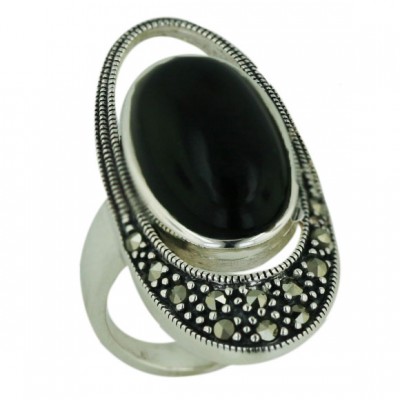 Marcasite Ring 23X12mm Onyx Oval with Open Marcasite Oval Around with