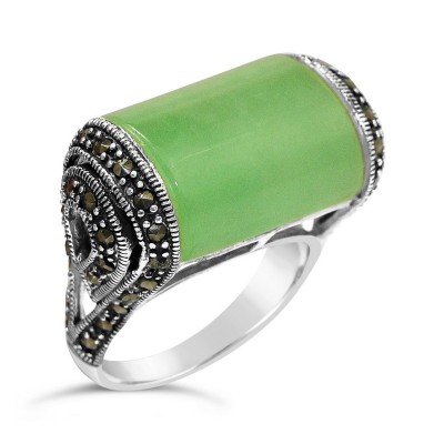 Marcasite Ring 24X14mm Green Jade Rectangular with Marcasite Sides+Oxidiz