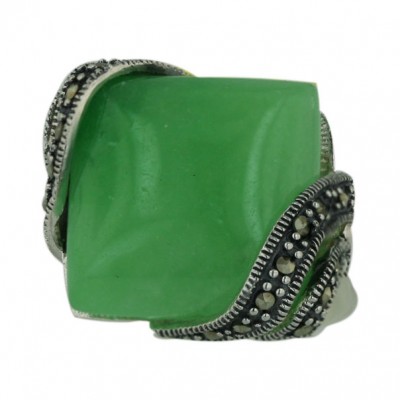 Marcasite Ring 18X18mm Green Jade Cushion with Marcasite Diagonal E - 8