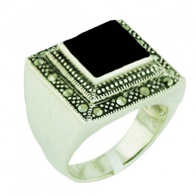 Marcasite Ring 20X20mm Onyx Square with Twisted Rope