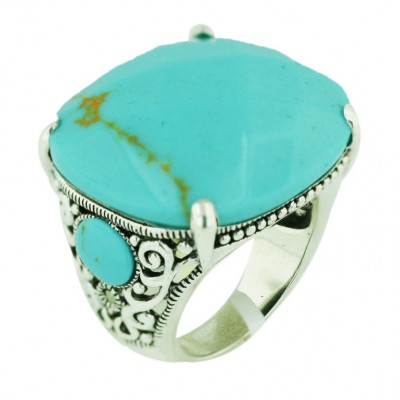 Marcasite Ring 26X24mm Faux Turquoise Round Chess Cut with Filigree