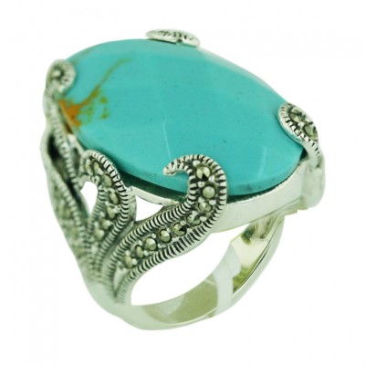 Marcasite Ring 30X20mm Faux Turquoise Oval Chess Cut with Swirl Sid