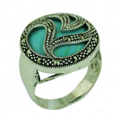 Marcasite Ring 20mm Faux Turquoise Round with Waves