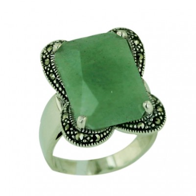 Marcasite Ring 18X13mm Green Jade Square Facetted Cut with 4 P