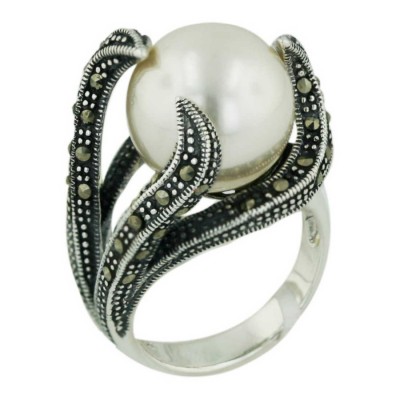 Marcasite Ring 12mm White Faux Pearl with Marcasite Vine Side