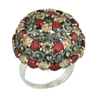 Marcasite Ring 26.5X26.5mm Garnet +Champagne Cubic Zirconia Cubic Zirconia 3 Layer Round Dome