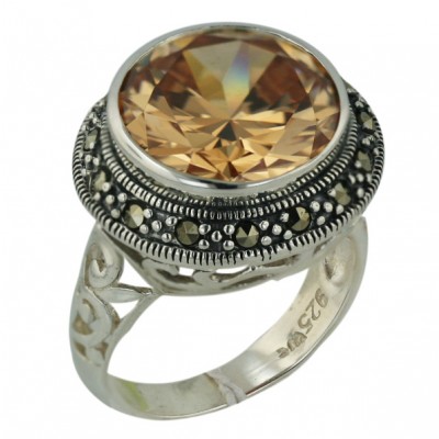 Marcasite Ring 20X20mm Champagne Cubic Zirconia Round Bezel Set with Oxidized R