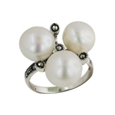 Marcasite Ring Triple 12mm White Fresh Water Pearl