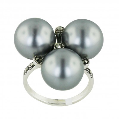 Marcasite Ring Triple 12mm Gray Faux Pearl