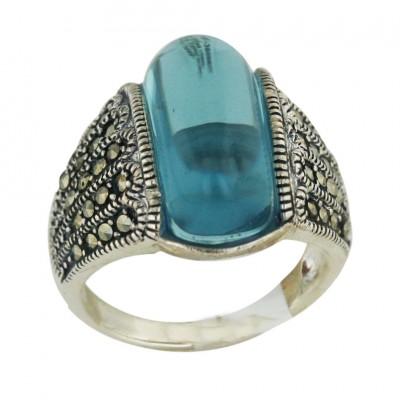 Marcasite Ring 17X9mm Blue Topaz Glass Cabochon Dome with Ox