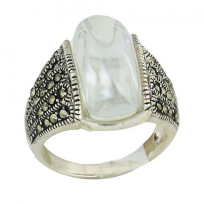 Marcasite Ring 17X9mm Clear Cubic Zirconia Slope Cabochon with Oxidized Rop