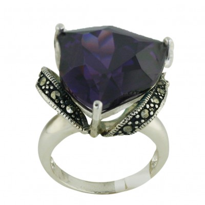 Marcasite Ring 18X18mm Amethyst Cubic Zirconia Irregular Trillion with Oxidize