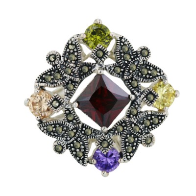 Marcasite Ring 9.5mm Garnet Cubic Zirconia Square+4 Pc6mm Champagne,Ame,Citrine,Olivine Cubic Zirconia Ro