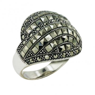 Marcasite Ring Pave Marcasite Rows Square Cut with Oxidized Rope