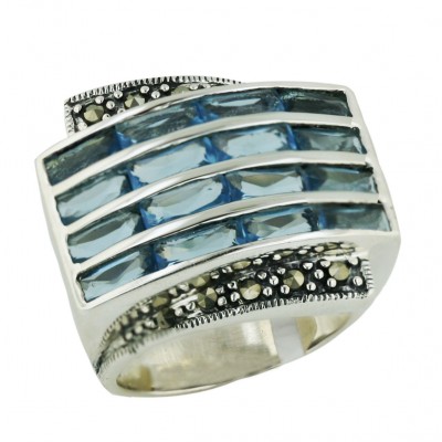 Marcasite Ring 4 Blue Topaz Rows Rectangular with Oxidized Rope Si