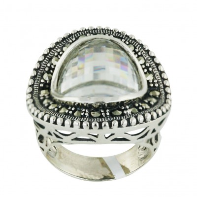 Marcasite Ring Barrel Cut Round Clear Cubic Zirconia+Slope