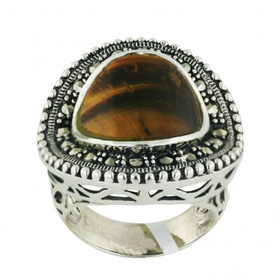 Marcasite Ring Round Tiger Eyes+Slope