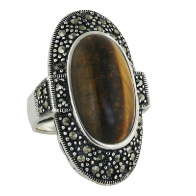 Marcasite Ring 37X18mm Tiger Eye Oval Cabochon with Oxidized
