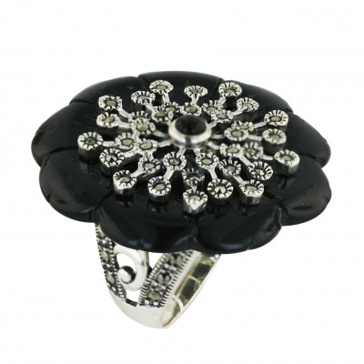 Marcasite Ring 34X29mm Onyx Flower with Marcasite Flower Ctr+Plain Swir