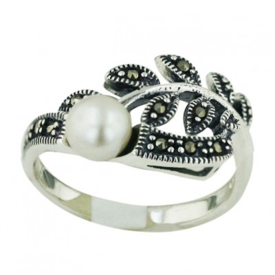 Marcasite Ring White Fresh Water Pearl with Flower Leaves - 6